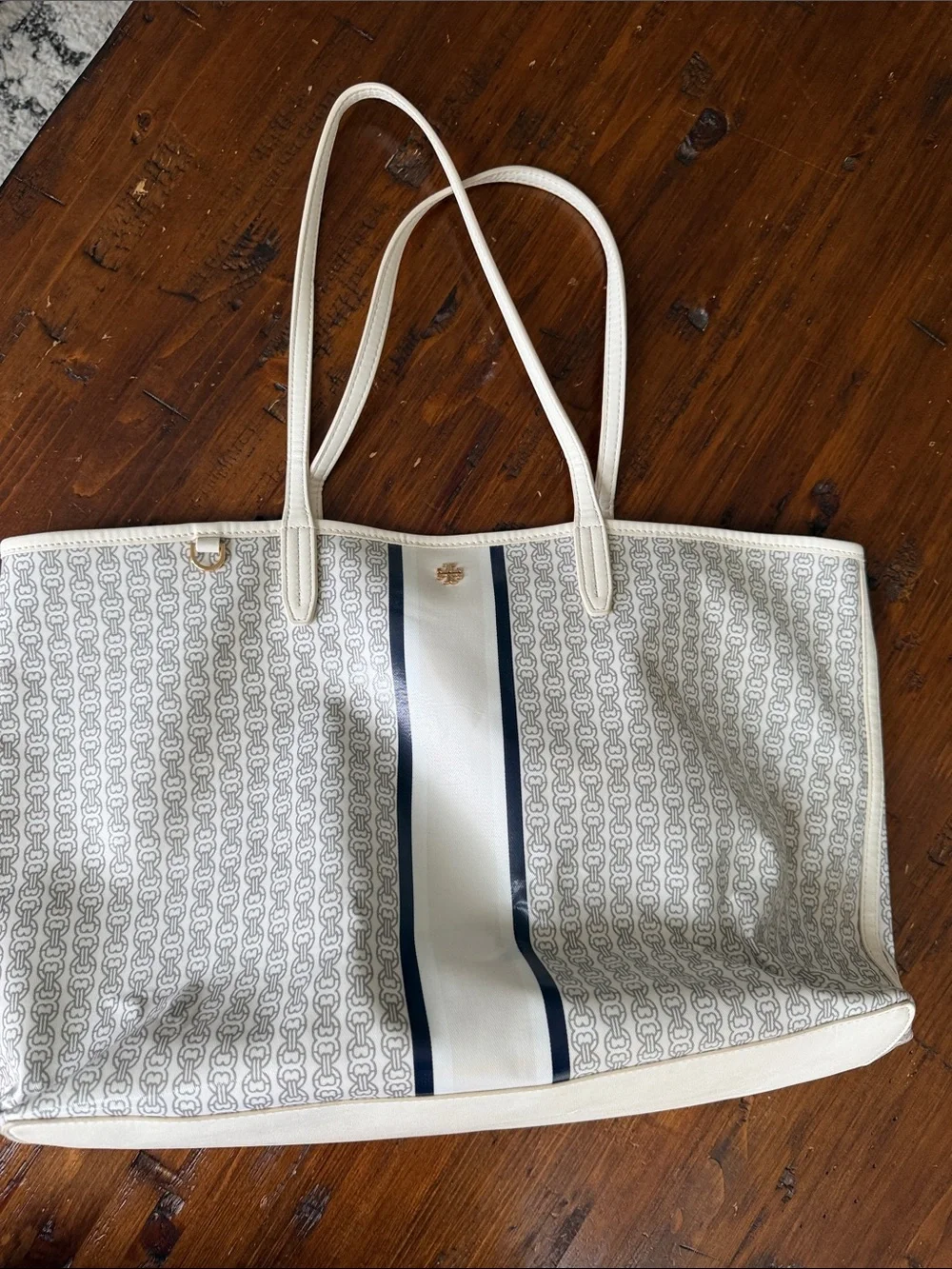Tory Burch White Tote with Navy Center Stripe